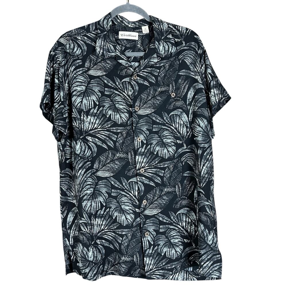 Caribbean Shirt Men Sze Medium Black Gray Tropical Leaf Floral Coastal Button Up